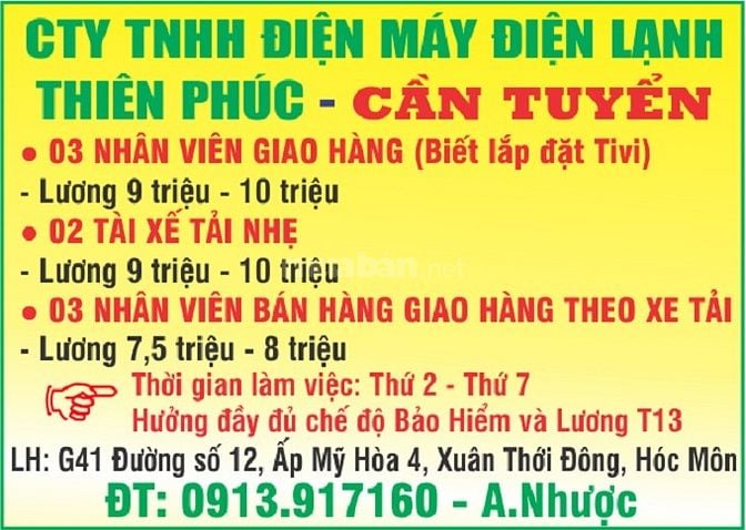 Cty Điện Máy Điện Lạnh Thiên Phúc - Tuyển NV Giao Hàng, Tài Xế tải nhẹ 56375587 Cty Điện Máy Điện Lạnh Thiên Phúc - Tuyển NV Giao Hàng, Tài Xế tải nhẹ