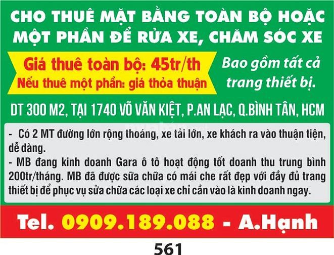 Cho thuê mặt bằng toàn bộ hoặc một phần để rửa xe, chăm sóc xe 56886563 Cho thuê mặt bằng toàn bộ hoặc một phần để rửa xe, chăm sóc xe