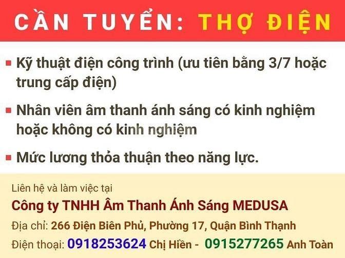 Công ty TNHH Âm Thanh Ánh Sáng MEDUSA cần tuyển Thợ Điện 57094000 Công ty TNHH Âm Thanh Ánh Sáng MEDUSA cần tuyển Thợ Điện