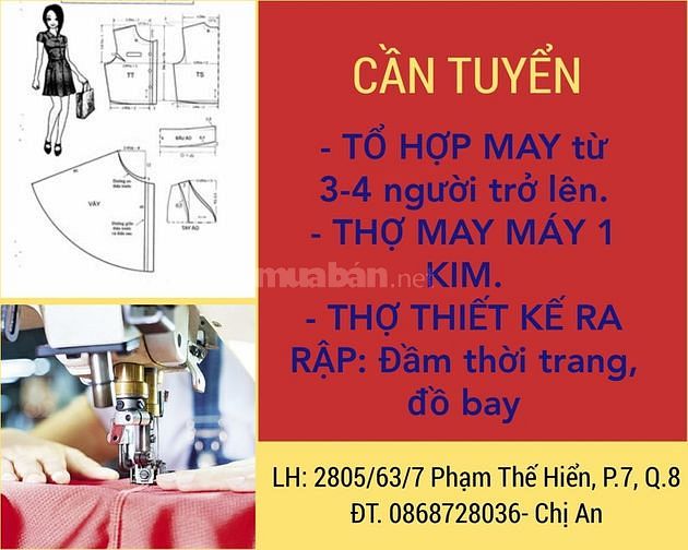 Cần tuyển TỔ HỢP MAY; Thợ May Máy 1 Kim; Thợ THIẾT KẾ RA RẬP 57957696 Cần tuyển TỔ HỢP MAY; Thợ May Máy 1 Kim; Thợ THIẾT KẾ RA RẬP