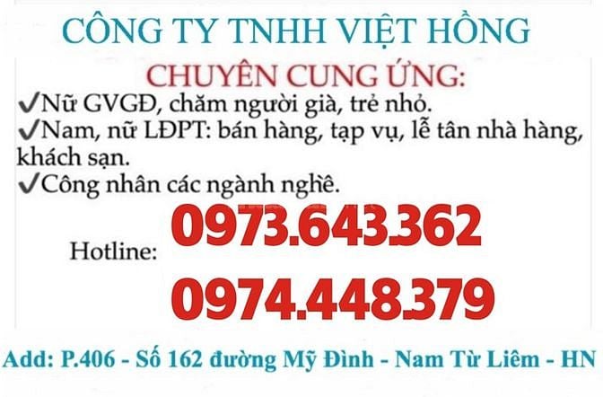 Công ty TNHH Việt Hồng, chuyên cung ứng nữ GVGĐ, LĐPT 54216472 Công ty TNHH Việt Hồng, chuyên cung ứng nữ GVGĐ, LĐPT
