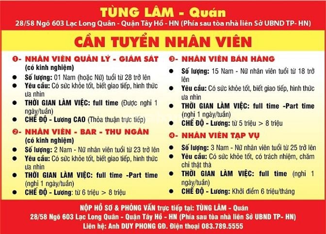 NHÀ HÀNG TÙNG LÂM- QUÁN tuyển nhân viên nhà hàng lương cao 54473032 NHÀ HÀNG TÙNG LÂM- QUÁN tuyển nhân viên nhà hàng lương cao