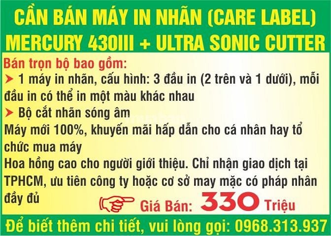 Bán Máy in nhãn (care label) Mercury 430III + Ultra Sonic Cutter 55370309 Bán Máy in nhãn (care label) Mercury 430III + Ultra Sonic Cutter