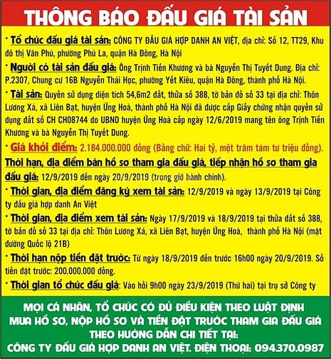 CÔNG TY ĐẤU GIÁ HỢP DANH AN VIỆT Thông báo đấu giá tài sản 55420410 CÔNG TY ĐẤU GIÁ HỢP DANH AN VIỆT Thông báo đấu giá tài sản