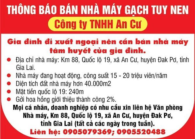 Thông báo bán nhà máy gạch tuy nen xã An Cư, huyện Đak Pơ, tỉnh GiaLai 55628988 Thông báo bán nhà máy gạch tuy nen xã An Cư, huyện Đak Pơ, tỉnh GiaLai