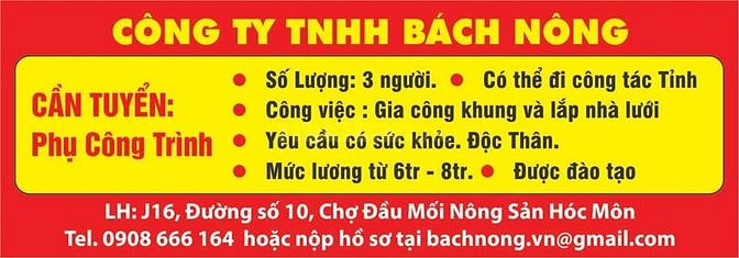 Công ty Bách Nông cần tuyển phụ công trình 55511390 Công ty Bách Nông cần tuyển phụ công trình