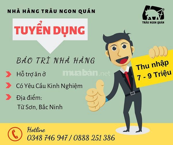 NH Trâu Ngon Quán Từ Sơn tuyển nv bảo trì có kinh nghiệm, hỗ trợ ăn ở 58066421 NH Trâu Ngon Quán Từ Sơn tuyển nv bảo trì có kinh nghiệm, hỗ trợ ăn ở