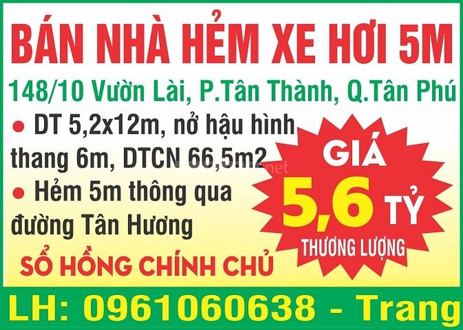 Bán nhà hẻm xe hơi 5m, 148/10 Vườn Lài, Phường Tân Thành, Quận Tân Phú 58082953 Bán nhà hẻm xe hơi 5m, 148/10 Vườn Lài, Phường Tân Thành, Quận Tân Phú