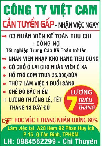 Công Ty Việt Cam tuyển gấp NV Kế Toán Thu Chi - Công Nợ 58170536 Công Ty Việt Cam tuyển gấp NV Kế Toán Thu Chi - Công Nợ