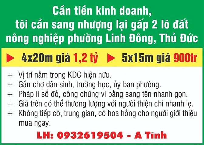 Nhượng lại gấp 2 lô đất nông nghiệp phường Linh Đông, Thủ Đức 58290487 Nhượng lại gấp 2 lô đất nông nghiệp phường Linh Đông, Thủ Đức