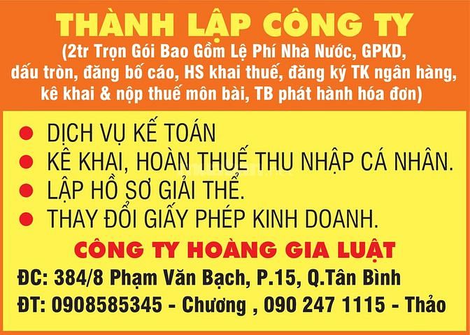 Côngty Hoàng Gia Luật chuyên tư vấn Thành lập công ty, dịch vụ kế toán 58426745 Côngty Hoàng Gia Luật chuyên tư vấn Thành lập công ty, dịch vụ kế toán