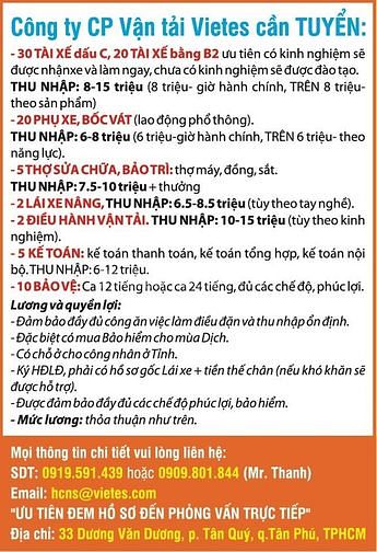 Công ty CP Vận tải Vietes Tuyển gấp 30 TÀI XẾ dấu C, 20 TÀI XẾ 58734580 Công ty CP Vận tải Vietes Tuyển gấp 30 TÀI XẾ dấu C, 20 TÀI XẾ