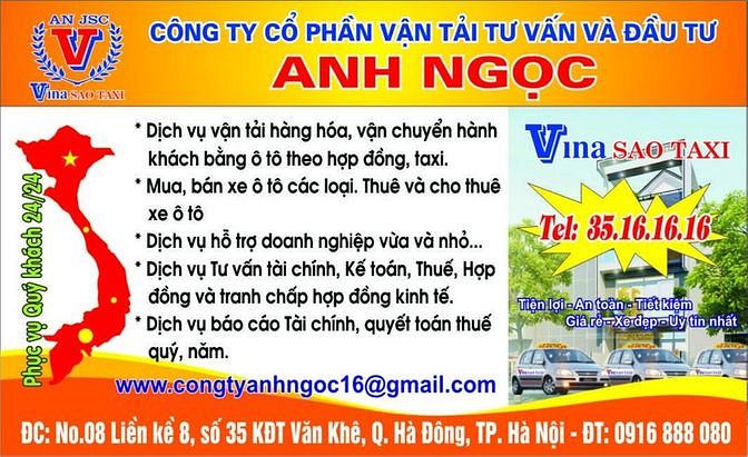 Cty CP vận tải tư vấn và đầu tư Anh Ngọc chuyên các dịch vụ tư vấn 59123618 Cty CP vận tải tư vấn và đầu tư Anh Ngọc chuyên các dịch vụ tư vấn