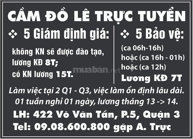 Cầm đồ Lê Trực cần tuyển bảo vệ, giám định giá, nhân viên văn phòng 58566707 Cầm đồ Lê Trực cần tuyển bảo vệ, giám định giá, nhân viên văn phòng