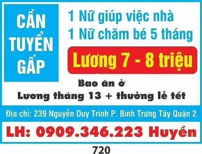 Cần tuyển gấp 01 nữ giúp việc nhà, lương cao, bao ăn ở 55976812 Cần tuyển gấp 01 nữ giúp việc nhà, lương cao, bao ăn ở