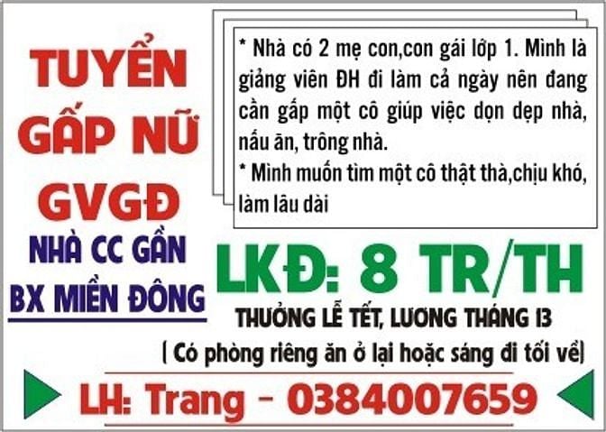 Tuyển nữ GVGĐ nhà CC gần BX miền Đông, có mẹ và con gái học lớp 1 59342717 Tuyển nữ GVGĐ nhà CC gần BX miền Đông, có mẹ và con gái học lớp 1