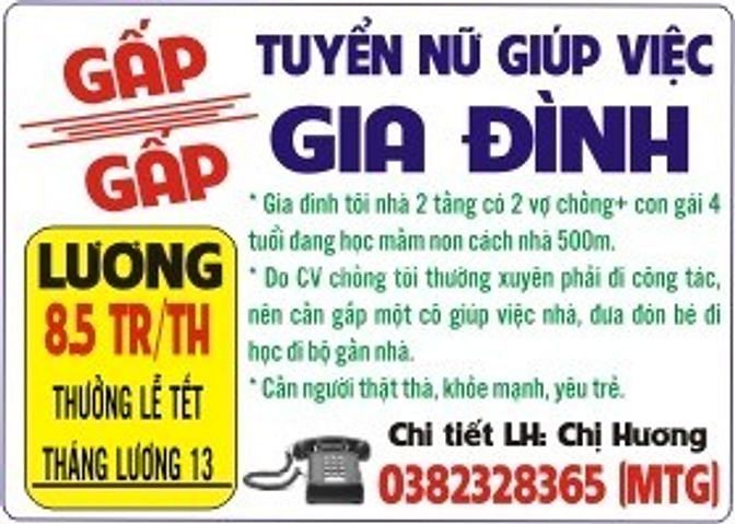 Tuyển nữ giúp việc nhà có 2 VC và bé 4T đi học mầm non gần nhà 59342787 Tuyển nữ giúp việc nhà có 2 VC và bé 4T đi học mầm non gần nhà