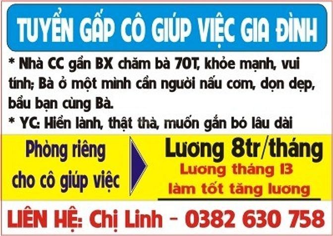 Gia đình cần cô giúp việc chăm bà 70T nhà CC vẫn khỏe mạnh, vui tính 59342818 Gia đình cần cô giúp việc chăm bà 70T nhà CC vẫn khỏe mạnh, vui tính