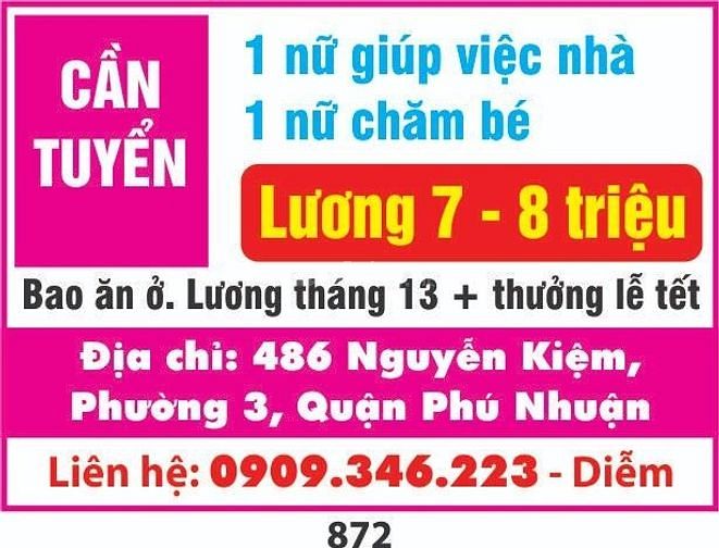 Cần tuyển gấp 1 nữ giúp việc, bao ăn ở, lương tháng 13, thưởng lễ tết 59185780 Cần tuyển gấp 1 nữ giúp việc, bao ăn ở, lương tháng 13, thưởng lễ tết