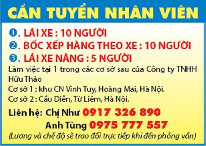 Công ty Hữu Thảo cần tuyển gấp nhân viên 59780555 Công ty Hữu Thảo cần tuyển gấp nhân viên