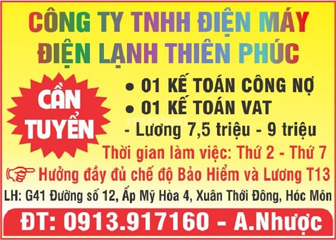 Cty Điện Máy Điện Lạnh Thiên Phúc tuyển Kế Toán Công Nợ, VAT 56375587 Cty Điện Máy Điện Lạnh Thiên Phúc tuyển Kế Toán Công Nợ, VAT