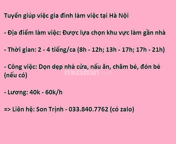 Tuyển giúp việc sáng đến tối về tại Hai Bà Trưng 61487617 Tuyển giúp việc sáng đến tối về tại Hai Bà Trưng