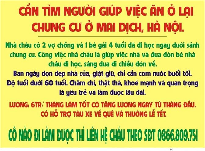 Cần tìm người giúp việc ăn ở lại, nhà CC ở khu Mai Dịch, Lương cao 53964826 Cần tìm người giúp việc ăn ở lại, nhà CC ở khu Mai Dịch, Lương cao
