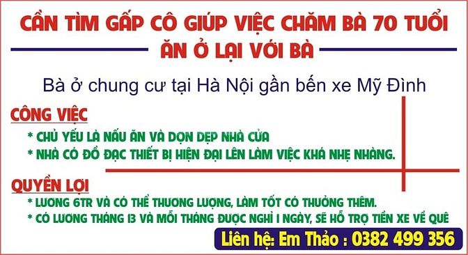 Em cần tìm gấp cô giúp việc chăm bà 70 tuổi , ăn ở lại với bà. 60405548 Em cần tìm gấp cô giúp việc chăm bà 70 tuổi , ăn ở lại với bà.
