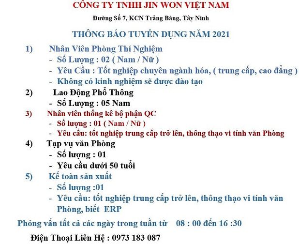 Tuyển nhân viên văn phòng tại KCN Trảng Bàng 61734592 Tuyển nhân viên văn phòng tại KCN Trảng Bàng