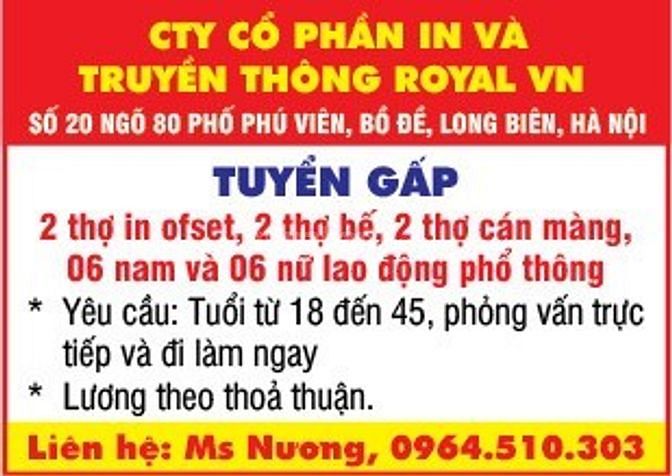 TUYỂN 2 thợ in ofset , 2 thợ bế, 2 thợ cán màng , 06 nam và 06 nữ LĐPT 61939783 TUYỂN 2 thợ in ofset , 2 thợ bế, 2 thợ cán màng , 06 nam và 06 nữ LĐPT