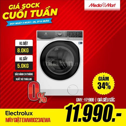 Máy giặt Inverter 8kg + Sấy 5kg Electrolux EWW8023 62160031 Máy giặt Inverter 8kg + Sấy 5kg Electrolux EWW8023