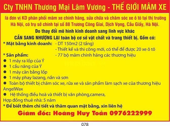 THẾ GIỚI MÂM XE cần NHƯỢNG lại toàn bộ cơ sở và trang thiết bị 62254263 THẾ GIỚI MÂM XE cần NHƯỢNG lại toàn bộ cơ sở và trang thiết bị