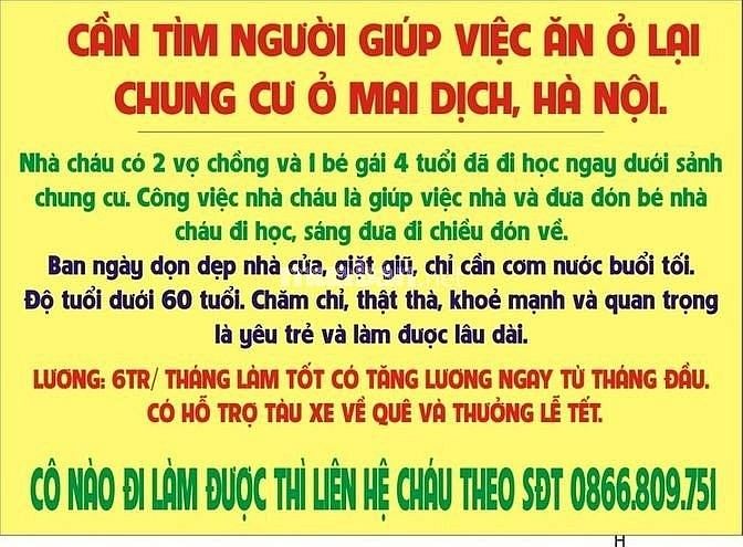Cần tìm người giúp việc ăn ở lại, nhà CC ở khu Mai Dịch, Lương 7-8tr 62901761 Cần tìm người giúp việc ăn ở lại, nhà CC ở khu Mai Dịch, Lương 7-8tr