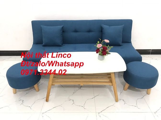 Bộ sofa bed giường màu xanh dương vải bố tại sofa Linco Hải Dương