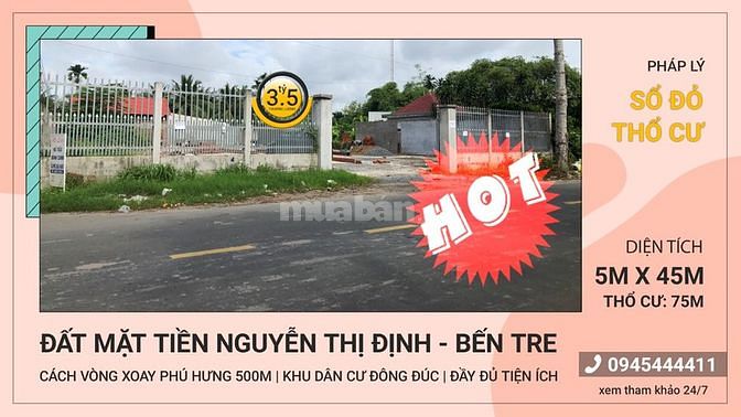 Đất MT Nguyễn Thị Định, TP. Bến Tre 9x45m. Tiện Kinh Doanh, cho thuê 63272679 Đất MT Nguyễn Thị Định, TP. Bến Tre 9x45m. Tiện Kinh Doanh, cho thuê