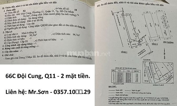 63m2  14.5 Tỷ - 2 MẶT TIỀN đường ĐỘI CUNG Q11 vị trí ngã 3 đắc địa