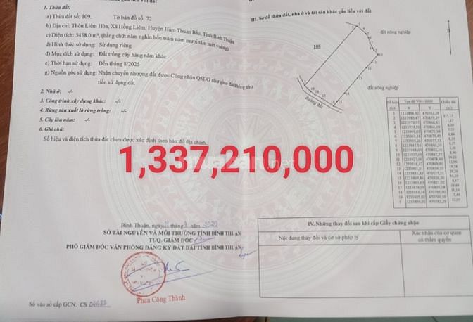 Bán 5458m2 đất xã hồng liêm, hàm thuận bắc 1,337 tỷ đường ô tô tận nơi