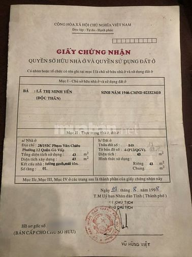 Chính chủ bán nhà cấp 4, DT 4.15x10.5m hẻm 362 Phan Huy Ích P12 Gò Vấp