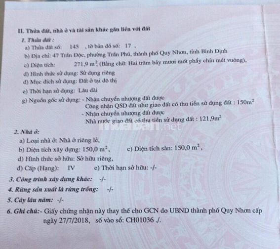 Bán Đất Mặt Tiền Đường Trần Độc Cách Biển Quy Nhơn Tỉnh Bình Định