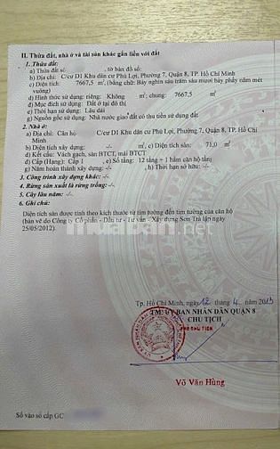 CC D1 KDC Phú Lợi P7 Q8 CH 2PN 71m2 SHR lâu dài, thang máy thẻ từ