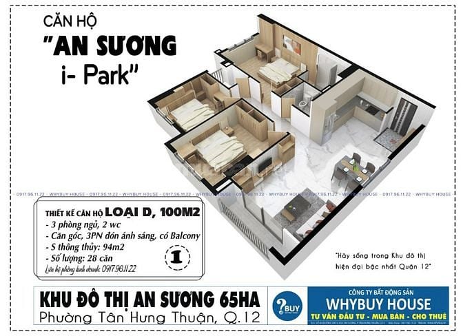 Bán căn hộ 100m2 An Sương Ipark, Quận 12 căn góc 3 PN, giá tốt 3.6 tỷ.