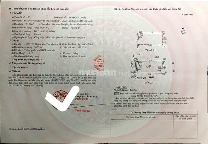 NHÀ RỘNG 5,15M NỞ HẬU 5.5M, DT 64.37M2., SỔ NĂM 2012