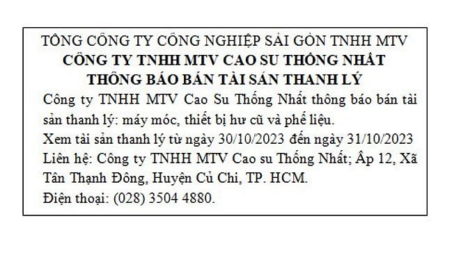 CTY TNHH MTV Cao Su Thống Nhất Thông Báo Bán Tài Sản Thanh Lý Muaban net