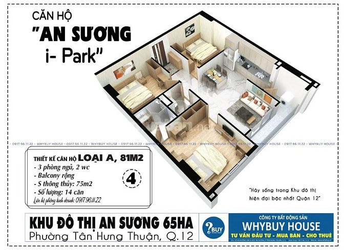 Bán căn hộ An Sương Ipark quận 12, 03 phòng ngủ, 81m2, giá rẻ 3 tỷ.