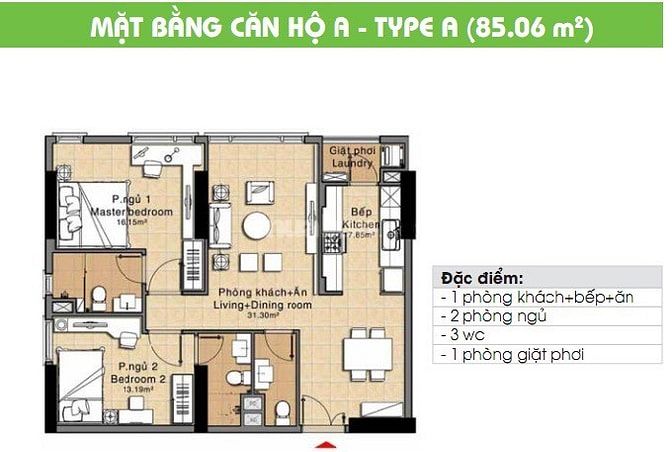 Bán CH chung cư Era Town, 2PN 3WC 85m2, giá 1.9 tỷ 