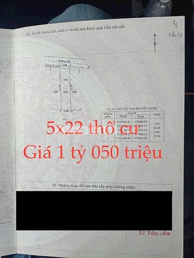 Bán đất xã AN Nhơn Tây Củ Chi 5x22 thổ cư. Giá 1 tỷ 050 triệu còn bớt.