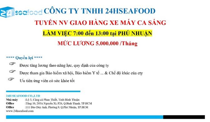 TUYỂN NHÂN VIÊN GIAO HÀNG XE MÁY CA SÁNG 7:00-13:00