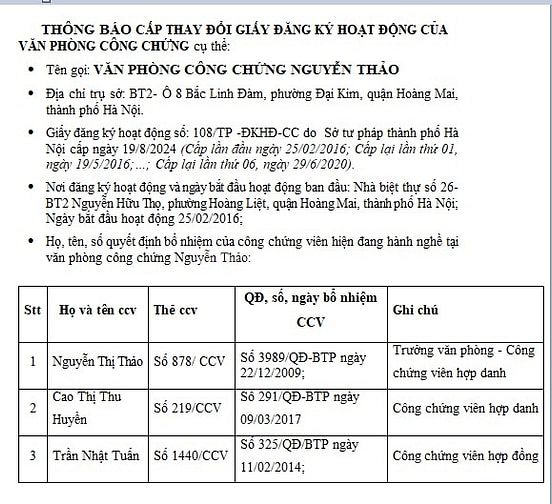 Thông báo thay đổi giấy ĐK hoạt động VP công chứng Nguyễn Thảo