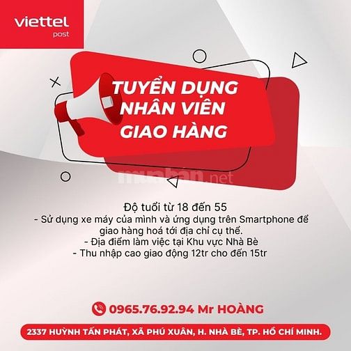 CHI NHÁNH BƯU CHÍNH VIETTEL HCM TUYỂN NHÂN VIÊN GIAO HÀNG NHÀ BÈ