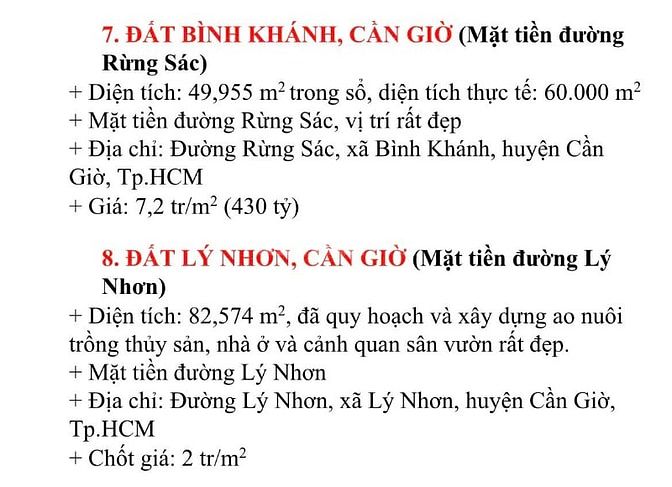 Bán đất MT Lý Nhơn dt 82 000m2 giá 2 tr/m2 và 5000 m2 Rừng Sác giá 7,5